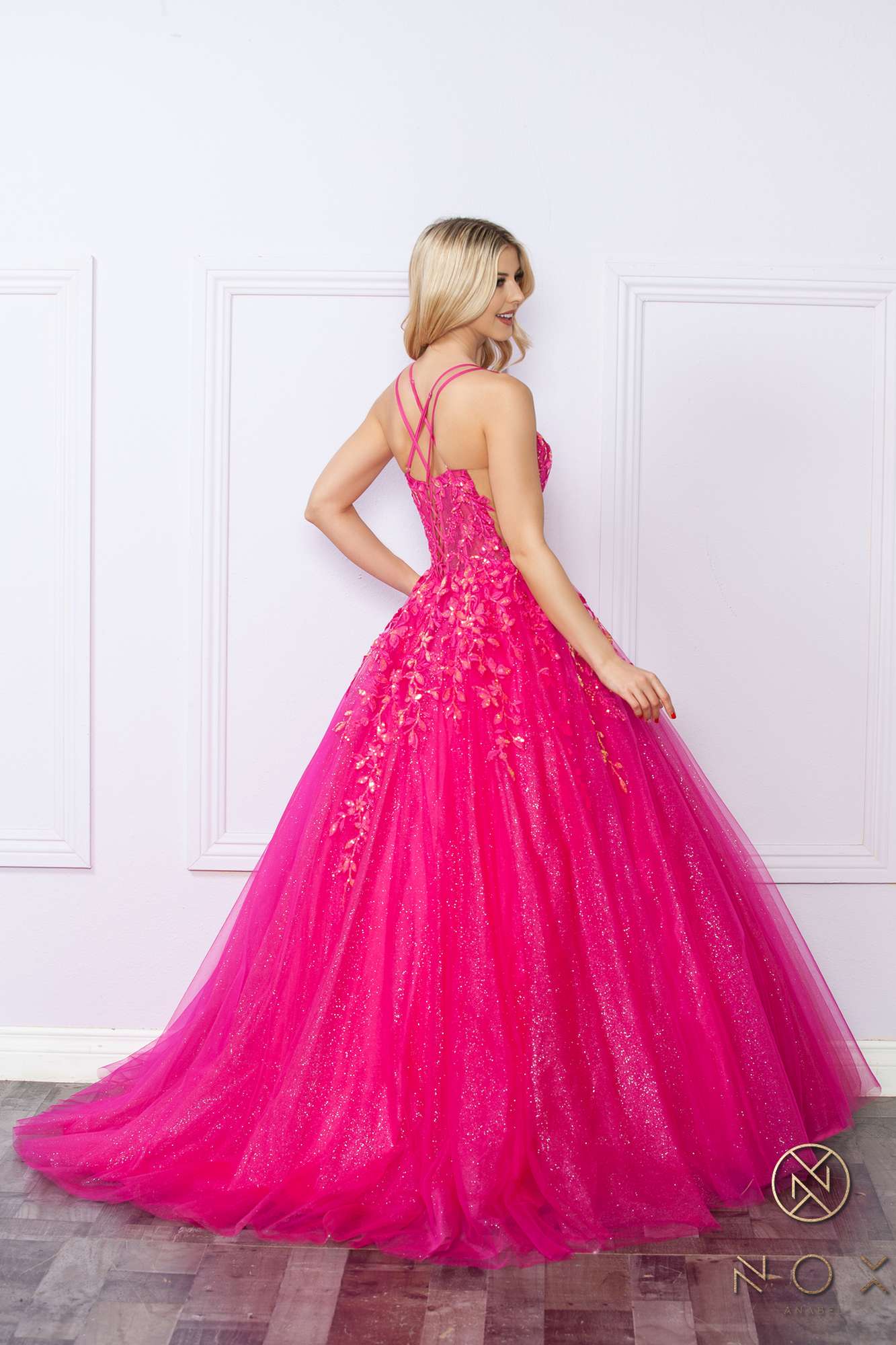 Nox Anabel H1271 Long Scoop Neckline Glitter Tulle A-Line Ballgown by DiscountDressShop