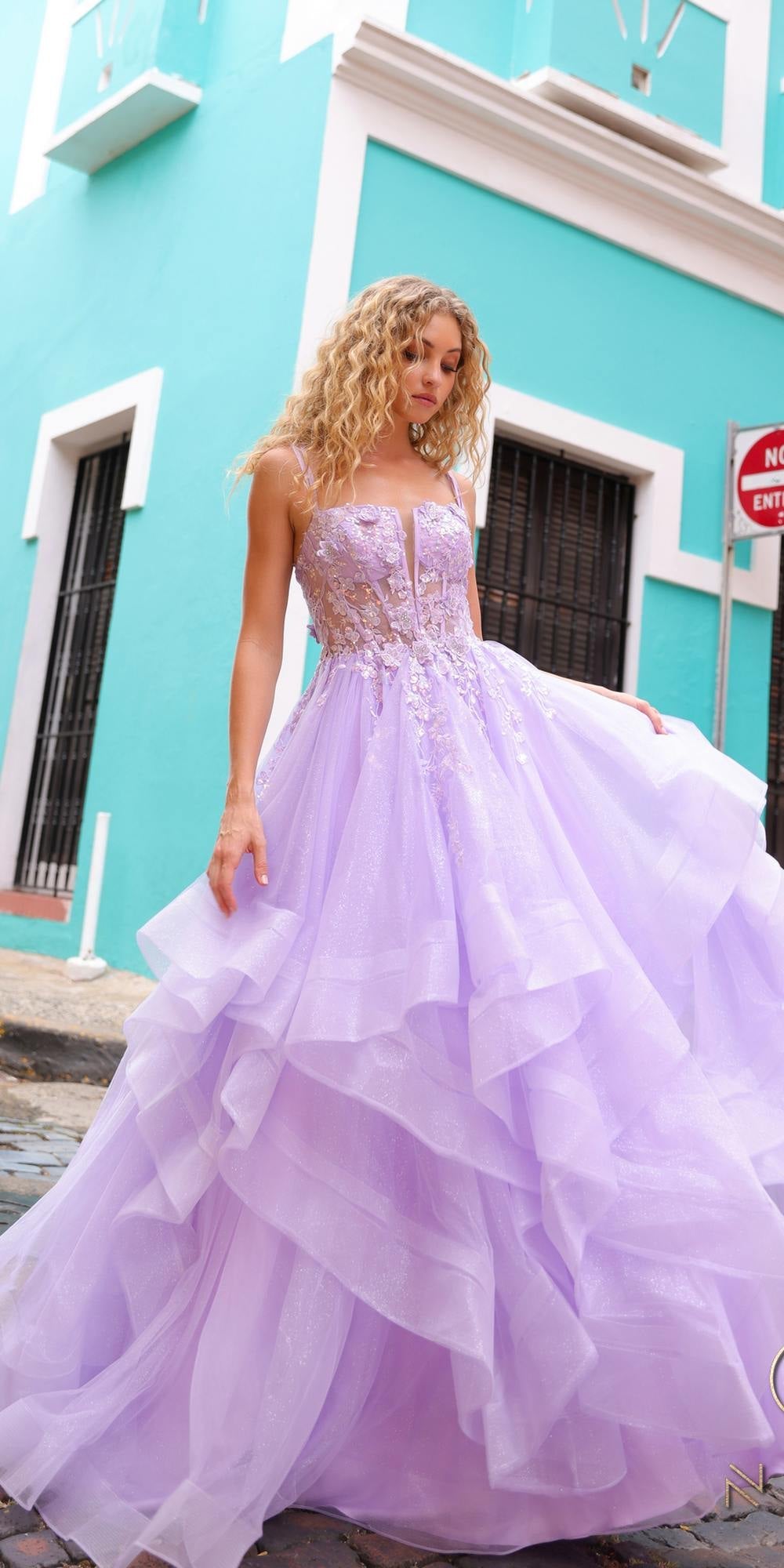 Nox Anabel H1351 Long A-Line Tiered Layered Ruffled Tulle Ballgown by DiscountDressShop