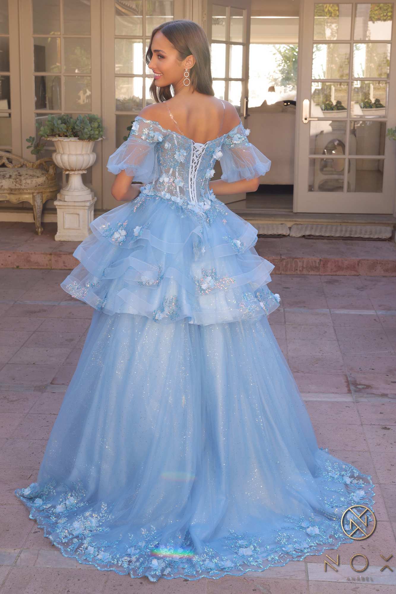 Nox Anabel H1360 Off the Shoulder 3D Floral A-Line Gown Removable Skirt by DiscountDressShop
