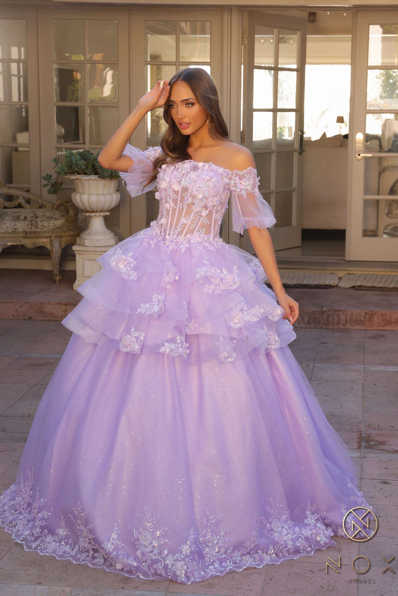 Nox Anabel H1360 Off the Shoulder 3D Floral A-Line Gown Removable Skirt by DiscountDressShop