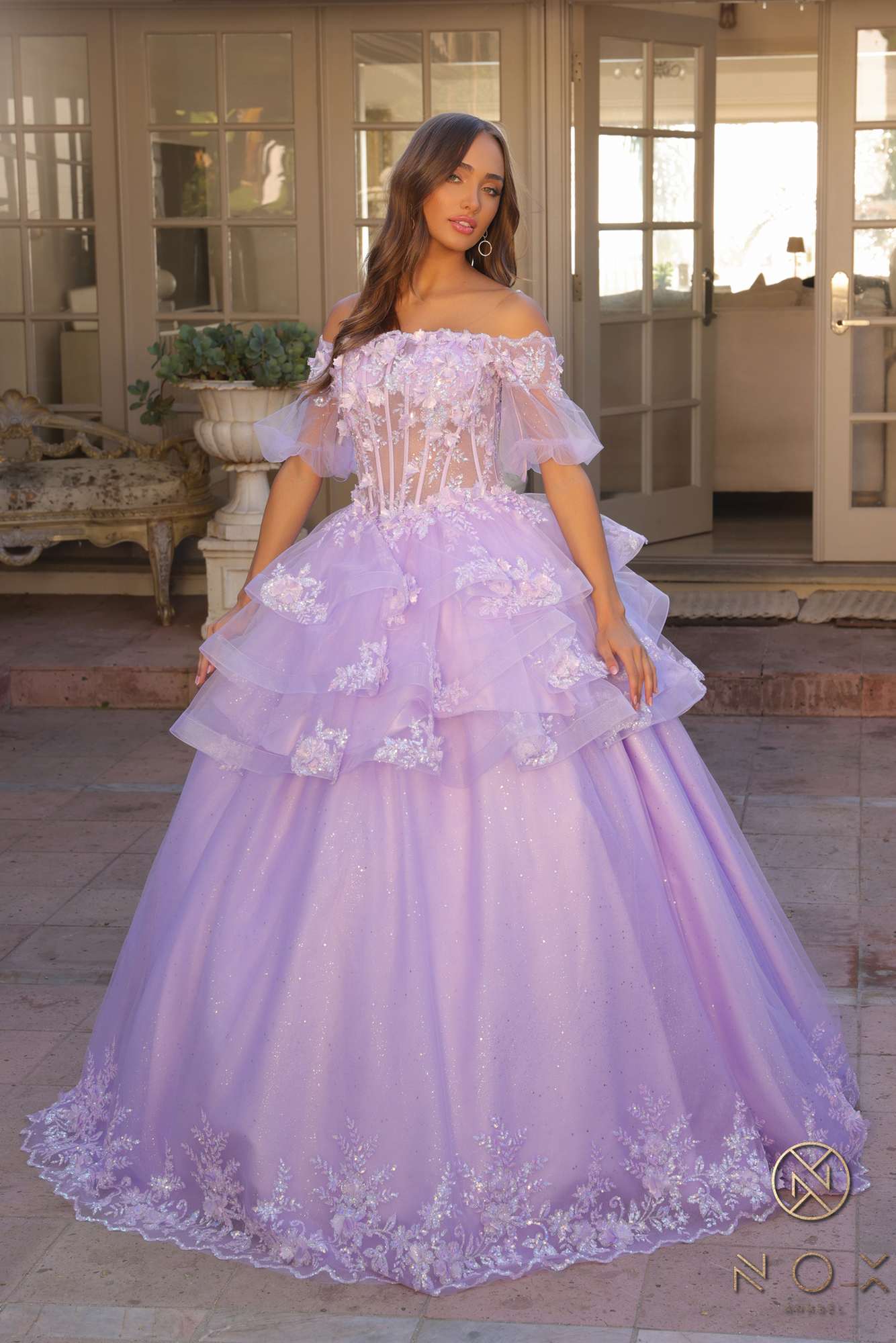 Nox Anabel H1360 Off the Shoulder 3D Floral A-Line Gown Removable Skirt by DiscountDressShop