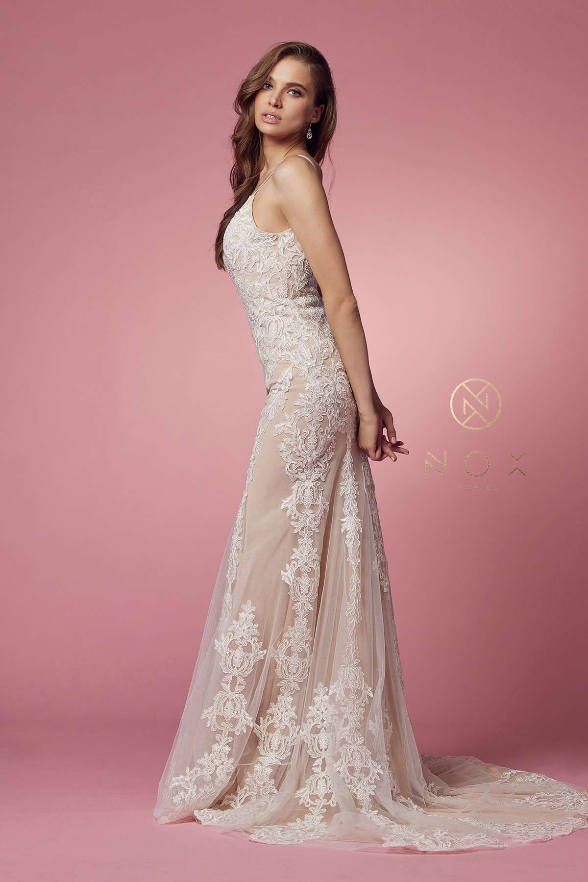 Nox Anabel H494 Spaghetti Strap V-Neckline Long Lace Wedding Gown by DiscountDressShop