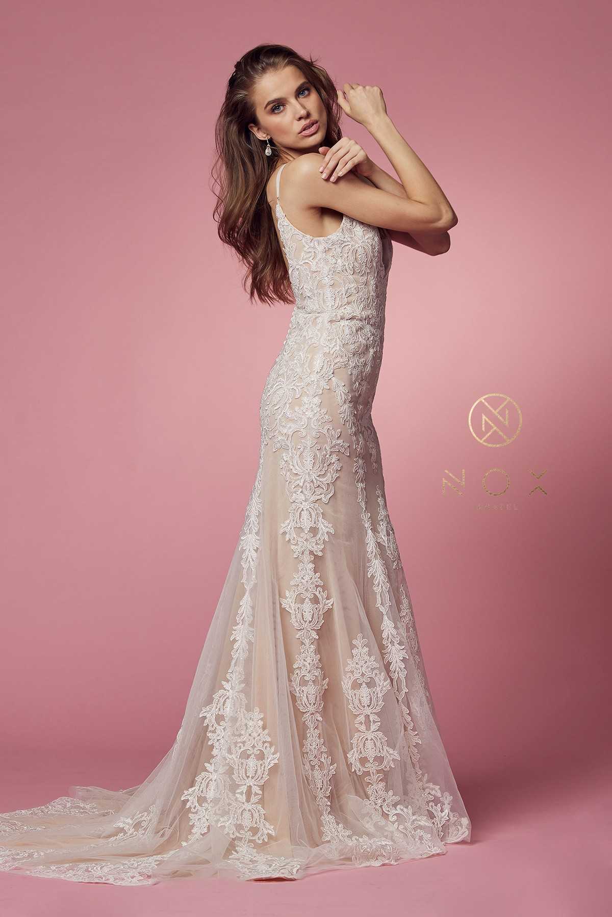 Nox Anabel H494 Spaghetti Strap V-Neckline Long Lace Wedding Gown by DiscountDressShop