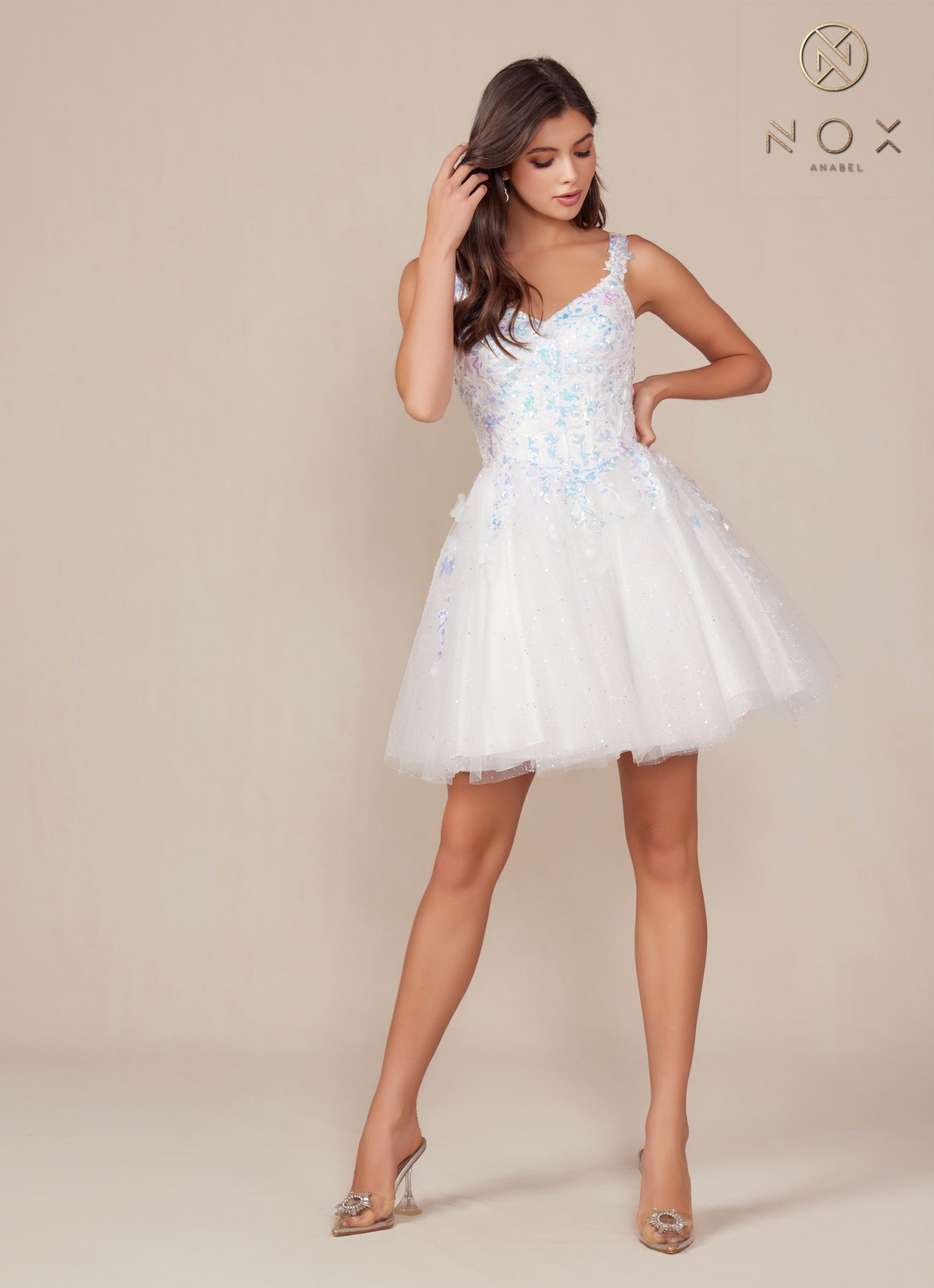 Nox Anabel H846W Short Glitter Sequin Applique White A-Line Dress by DiscountDressShop