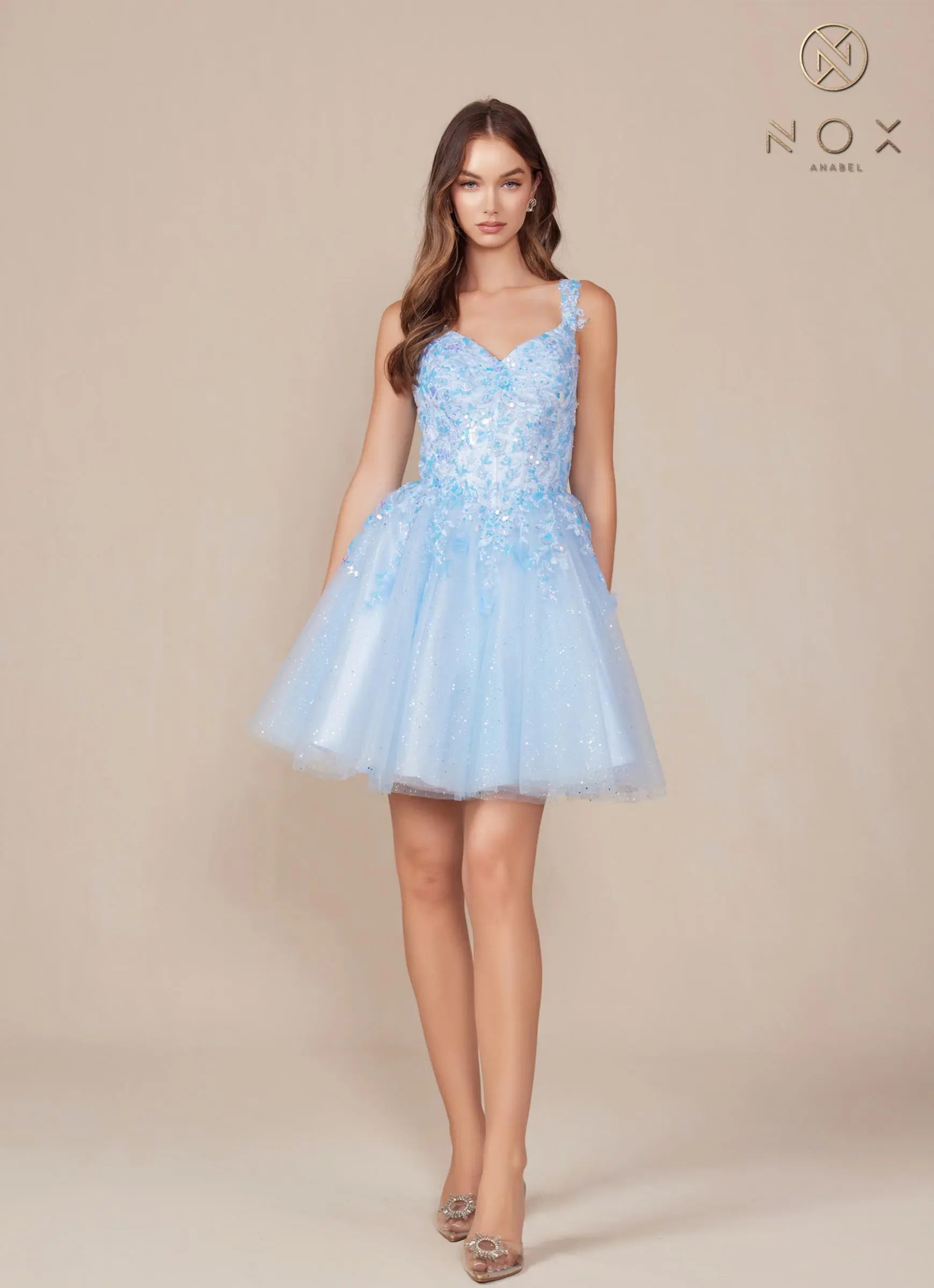 Nox Anabel H846 Short Glitter Sequin Applique A-Line Dress by DiscountDressShop
