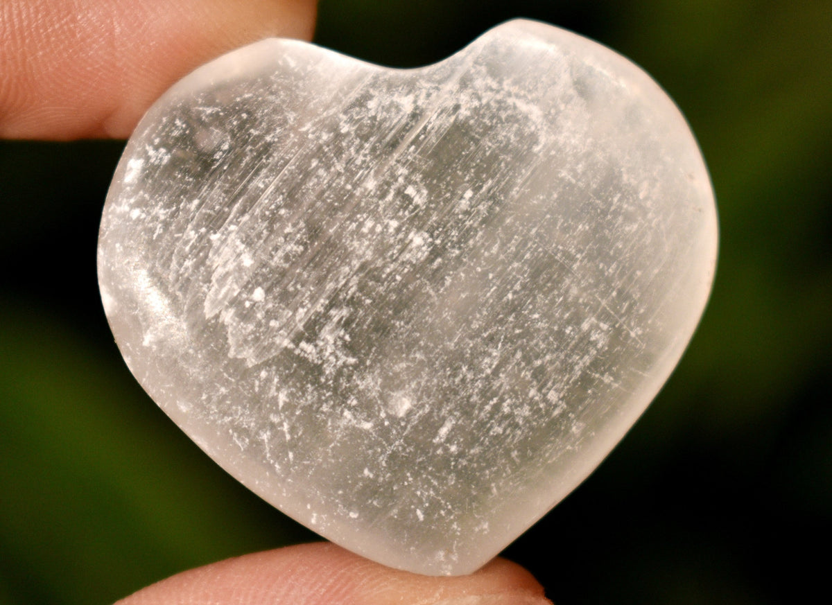 1.5" Selenite Puffy Heart Crystal, Natural Polished Small Pocket palm stone. DestGlow