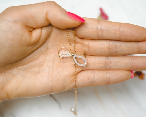 Handmade Dainty Bow Necklace - 14K Gold Filled with Crystal Accents
