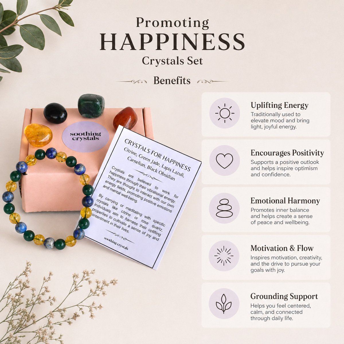 Promoting HAPPINESS Crystal Kit, Gemstone Tumble Kit, Happiness Crystal Gift Set