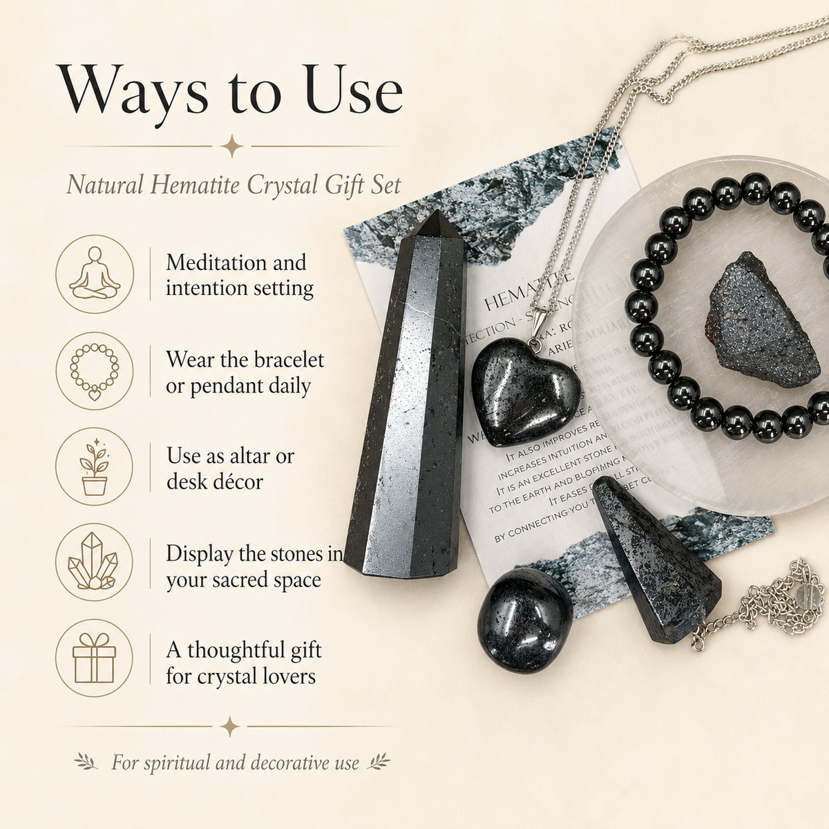 Hematite Crystal Gift Set For Emotional Support and Protection, Real Polished Gemstones. DestGlow