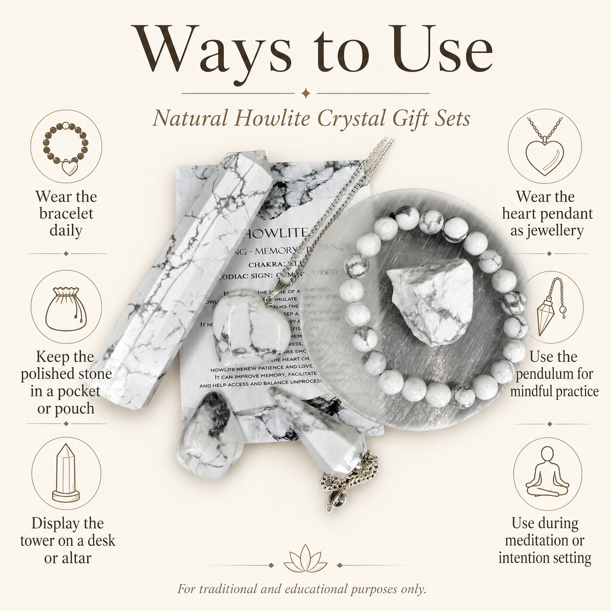 Howlite Crystal Gift Set For Emotional Support and Protection, Real Polished Gemstones. DestGlow