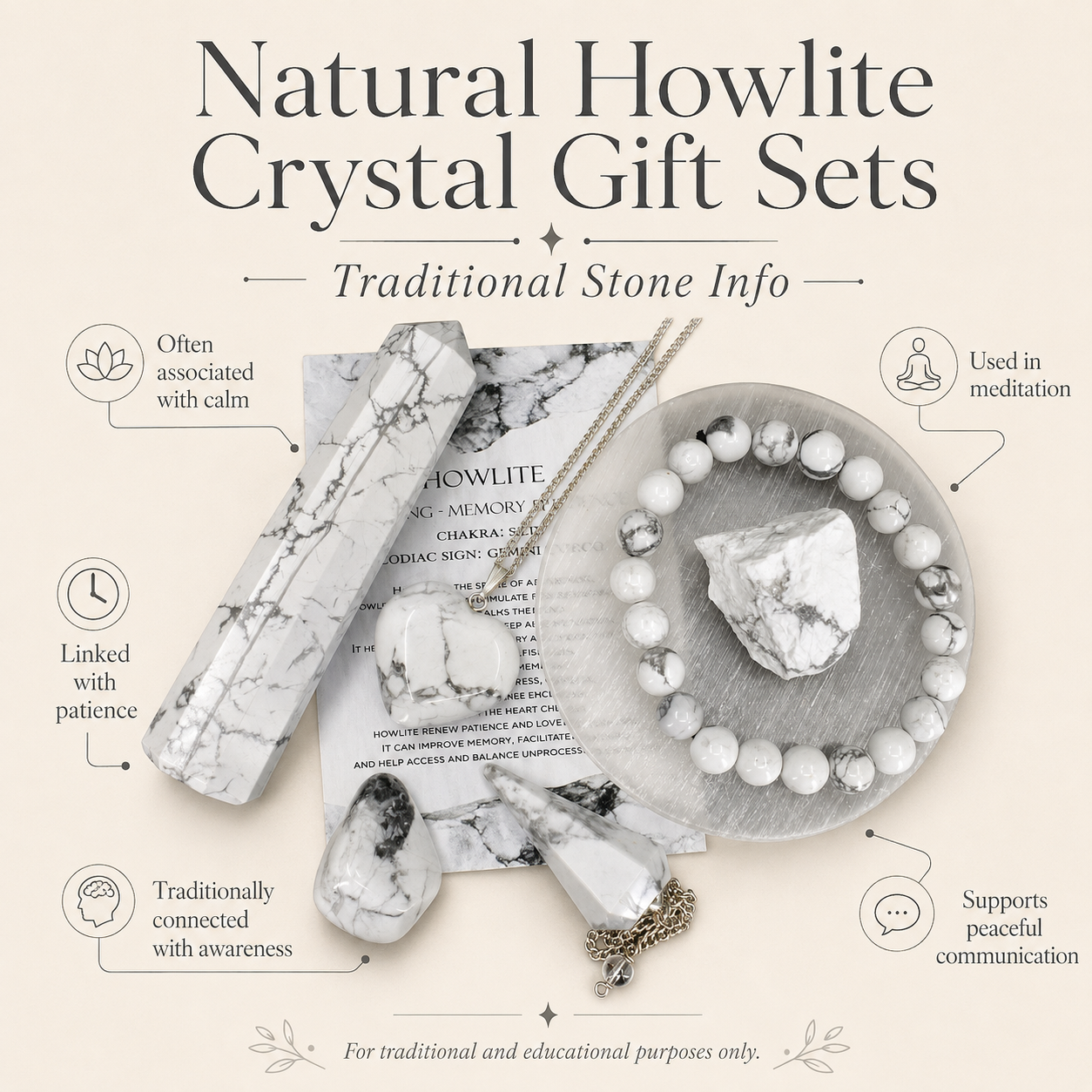Howlite Crystal Gift Set For Emotional Support and Protection, Real Polished Gemstones. DestGlow