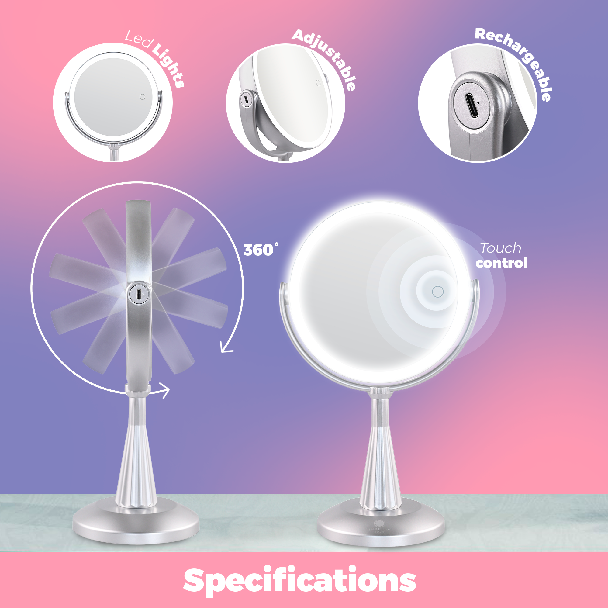 Lily InBella LED Vanity Mirror – Adjustable Light & 360° Rotating DestGlow