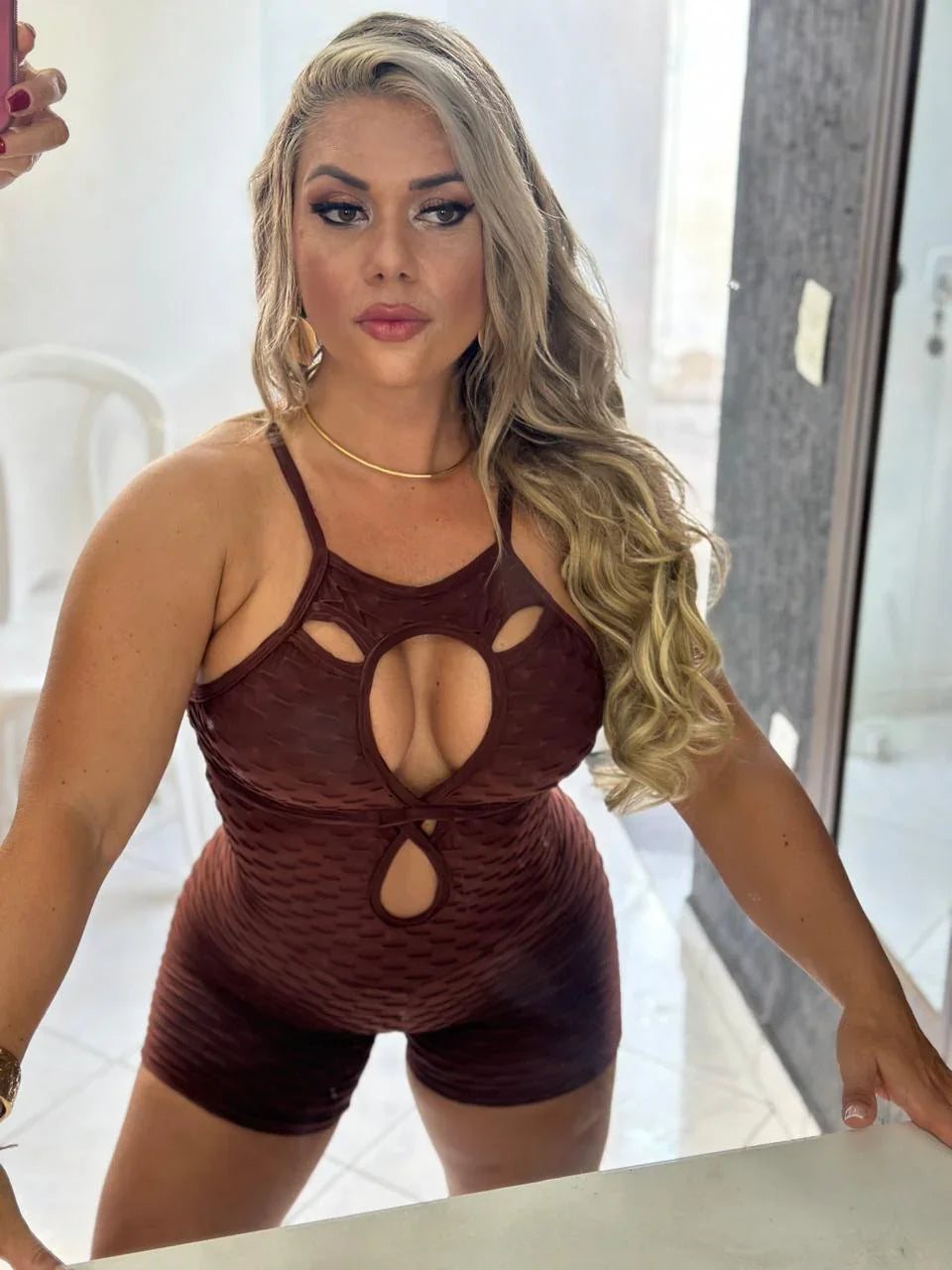 SCRUNCH BOOTY BROWN WAVE DROP SHORT JUMPSUIT DestGlow