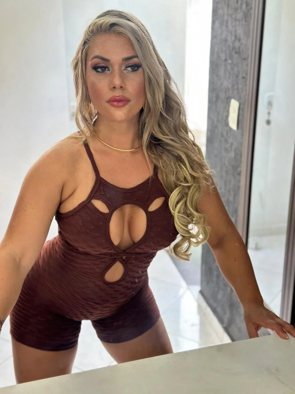 SCRUNCH BOOTY BROWN WAVE DROP SHORT JUMPSUIT DestGlow