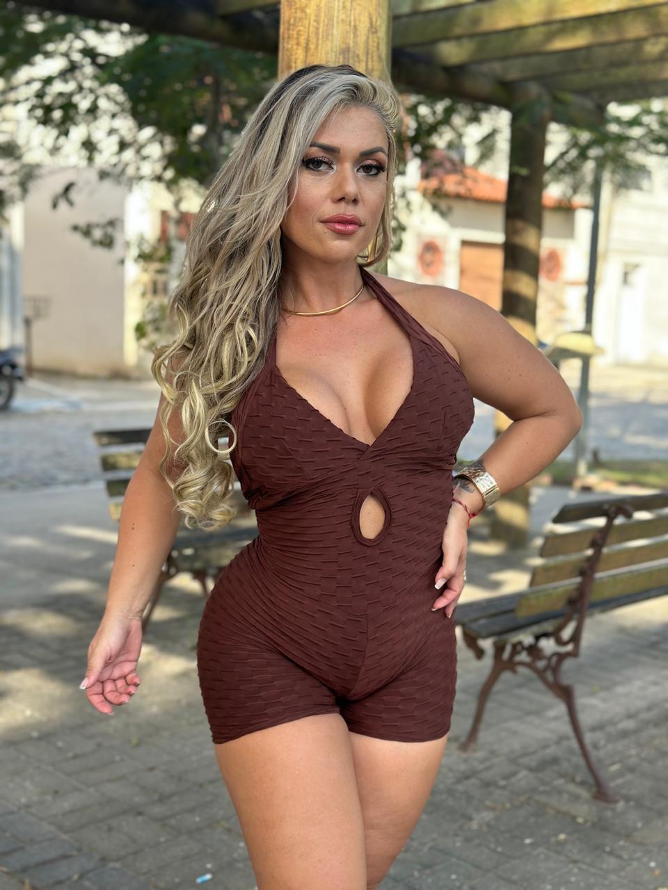 SCRUNCH BOOTY BROWN WAVE SEXY BACK SHORT JUMPSUIT by Iris Fitness Online