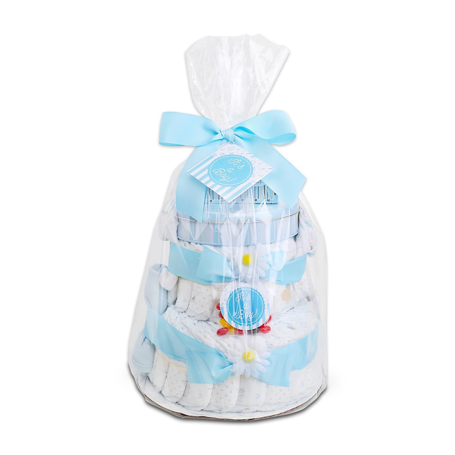 Blue Two-Tier Diaper Cake Gift Basket DestGlow