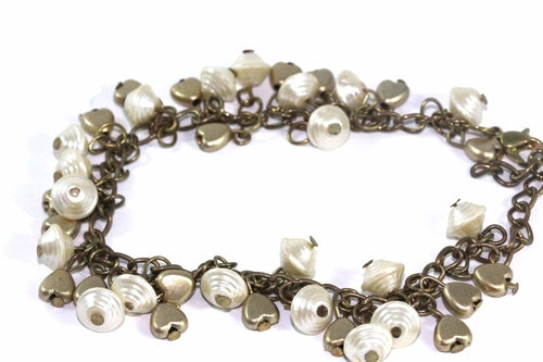 Golden Hearts & Shells Charm Bracelet - Mother of Pearl Antique Gold 7.5"