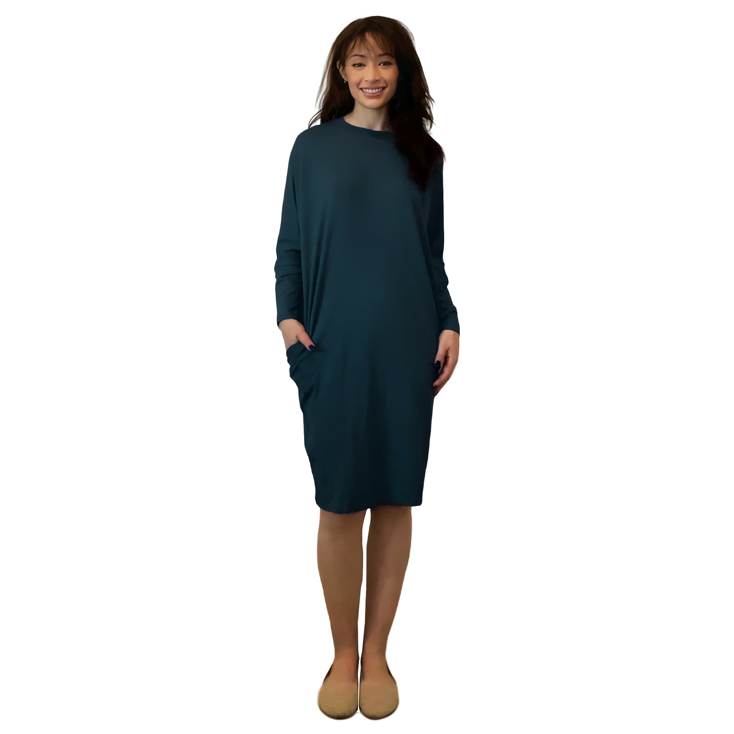 Batwing Long Sleeve Casual Comfort Midi Dress with Pockets by Kosher Casual USA