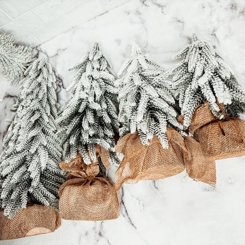 Snow Covered Christmas Trees - Set of 4 Realistic Faux Trees with Jute Base
