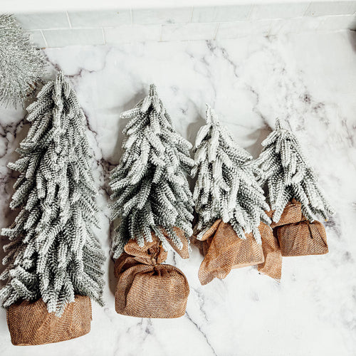 Snow Covered Christmas Trees - Set of 4 Realistic Faux Trees with Jute Base