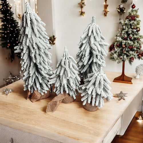 Snow Covered Christmas Trees - Set of 4 Realistic Faux Trees with Jute Base