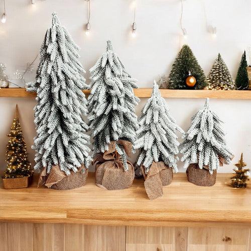 Snow Covered Christmas Trees - Set of 4 Realistic Faux Trees with Jute Base