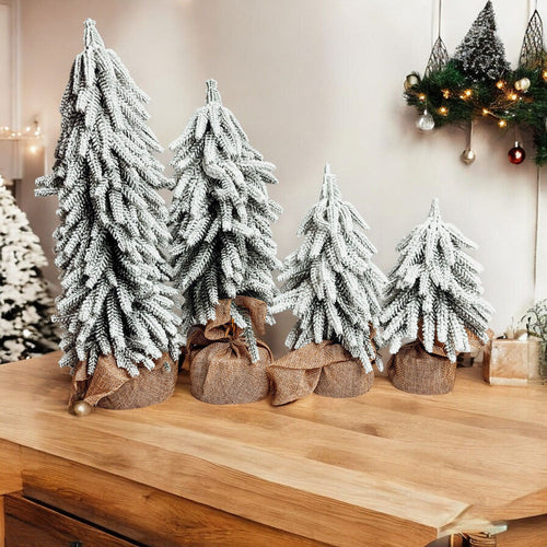 Snow Covered Christmas Trees - Set of 4 Realistic Faux Trees with Jute Base