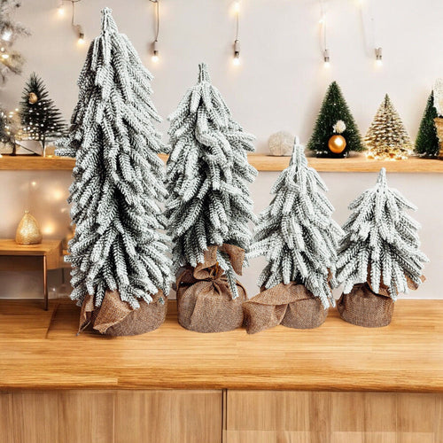 Snow Covered Christmas Trees - Set of 4 Realistic Faux Trees with Jute Base