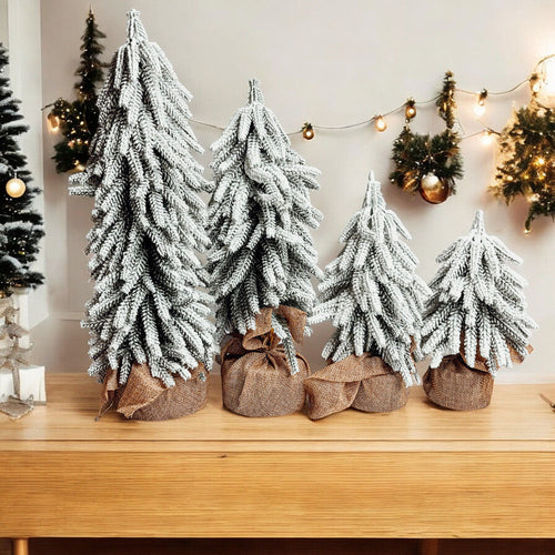 Snow Covered Christmas Trees - Set of 4 Realistic Faux Trees with Jute Base