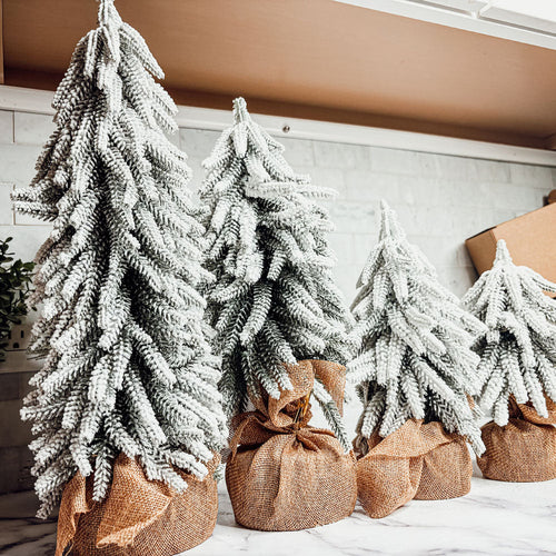 Snow Covered Christmas Trees - Set of 4 Realistic Faux Trees with Jute Base
