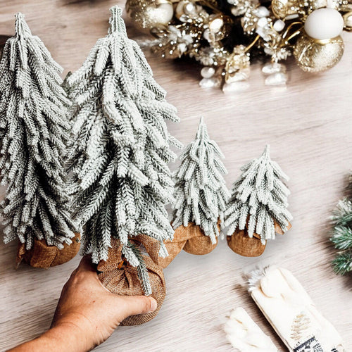 Snow Covered Christmas Trees - Set of 4 Realistic Faux Trees with Jute Base