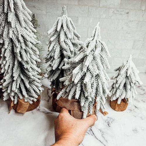 Snow Covered Christmas Trees - Set of 4 Realistic Faux Trees with Jute Base