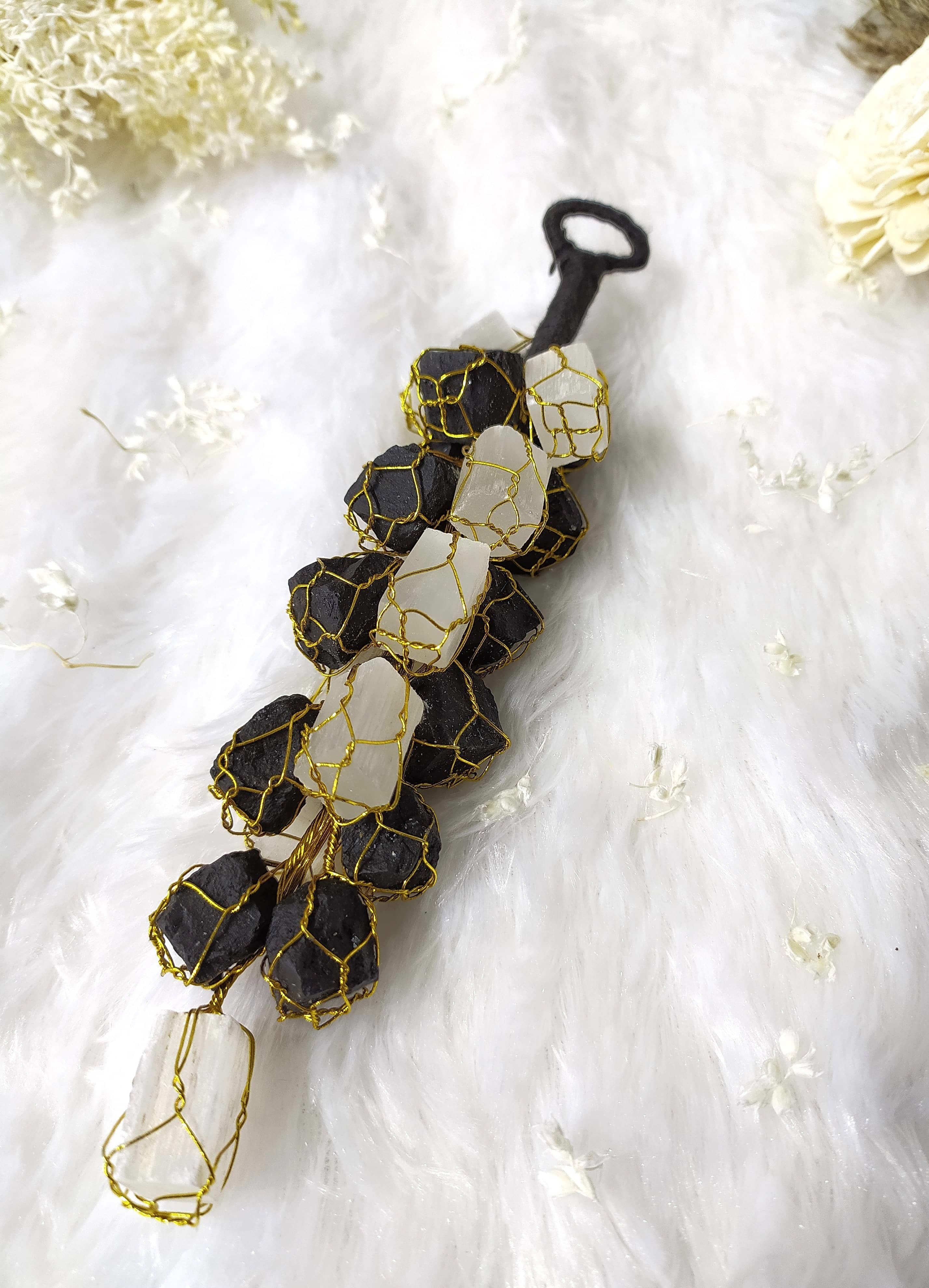 Selenite with Black Tourmaline Hanger, Raw Stones Hanger DestGlow