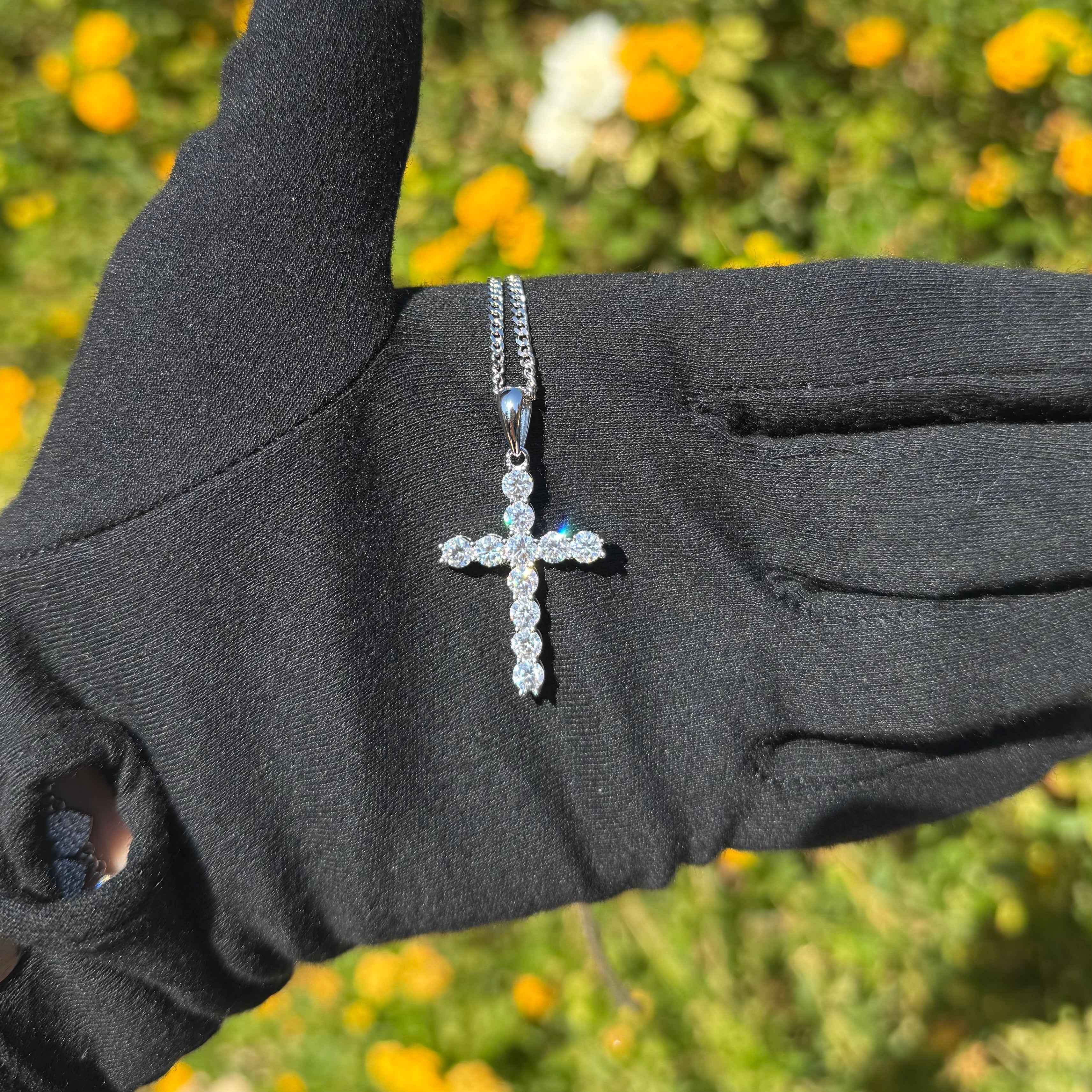 Moissanite Cross Pendant with Necklace in Silver