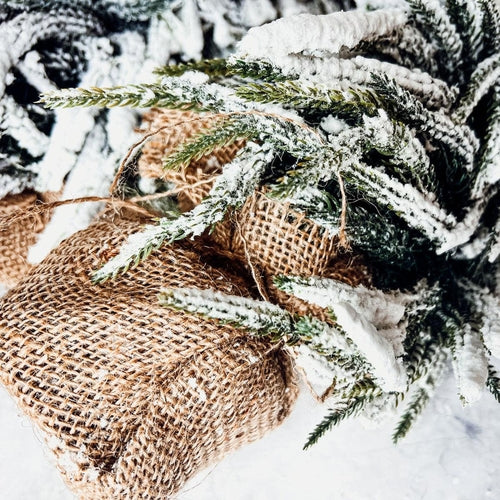 Snow Covered Christmas Trees - Set of 4 Realistic Faux Trees with Jute Base