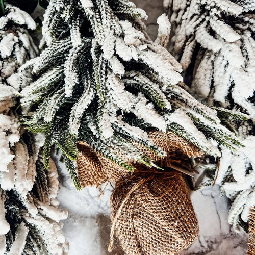 Snow Covered Christmas Trees - Set of 4 Realistic Faux Trees with Jute Base