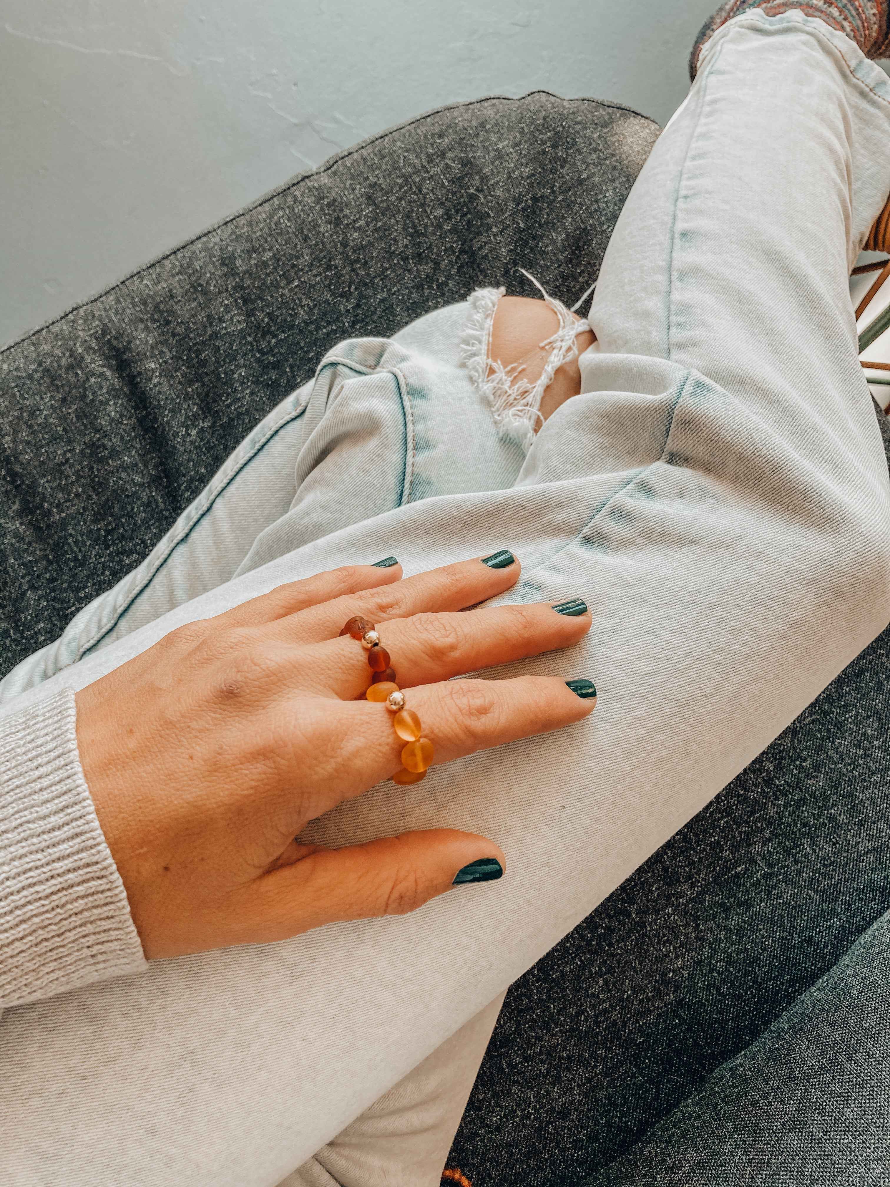 Raw Cognac Baltic Amber + 14K Gold Filled || Beaded Stretch Ring by CanyonLeaf