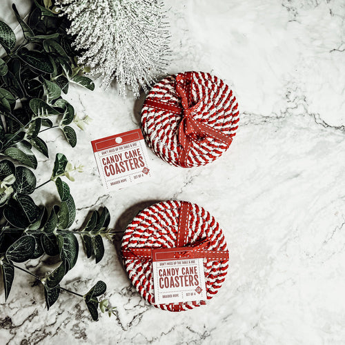 Braided Cotton Coasters 4-Pack - Candy Cane Stripe Pattern (Black, Red or Blue)