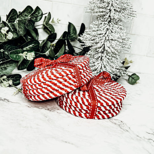 Braided Cotton Coasters 4-Pack - Candy Cane Stripe Pattern (Black, Red or Blue)