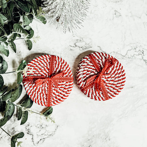 Braided Cotton Coasters 4-Pack - Candy Cane Stripe Pattern (Black, Red or Blue)