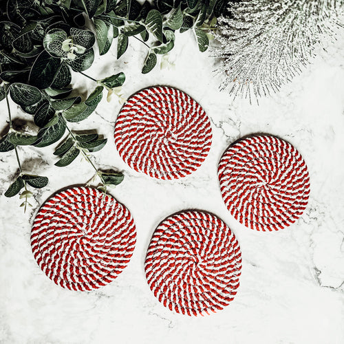 Braided Cotton Coasters 4-Pack - Candy Cane Stripe Pattern (Black, Red or Blue)