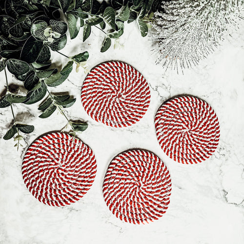 Braided Cotton Coasters 4-Pack - Candy Cane Stripe Pattern (Black, Red or Blue)