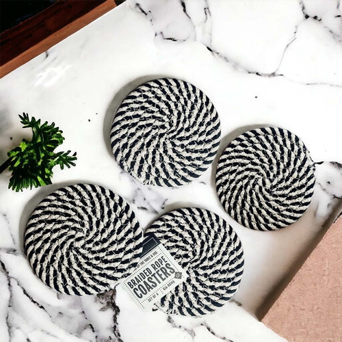 Braided Cotton Coasters 4-Pack - Candy Cane Stripe Pattern (Black, Red or Blue)