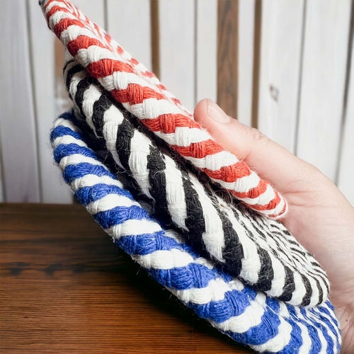 Braided Cotton Coasters 4-Pack - Candy Cane Stripe Pattern (Black, Red or Blue)
