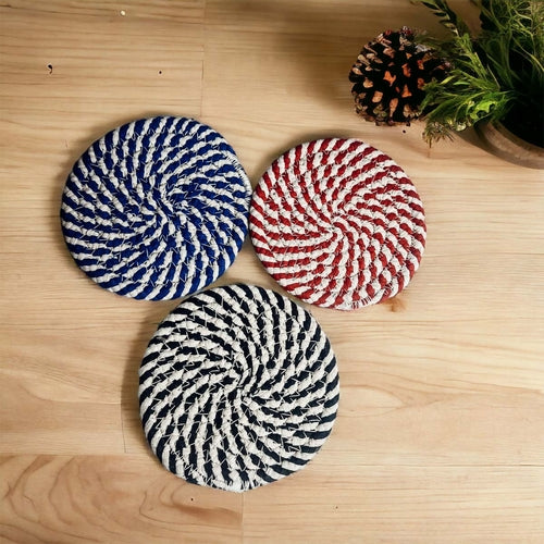 Braided Cotton Coasters 4-Pack - Candy Cane Stripe Pattern (Black, Red or Blue)