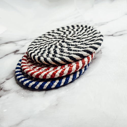 Braided Cotton Coasters 4-Pack - Candy Cane Stripe Pattern (Black, Red or Blue)