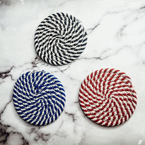 Braided Cotton Coasters 4-Pack - Candy Cane Stripe Pattern (Black, Red or Blue)