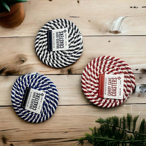 Braided Cotton Coasters 4-Pack - Candy Cane Stripe Pattern (Black, Red or Blue)