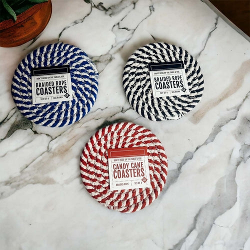 Braided Cotton Coasters 4-Pack - Candy Cane Stripe Pattern (Black, Red or Blue)