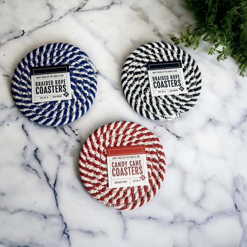 Braided Cotton Coasters 4-Pack - Candy Cane Stripe Pattern (Black, Red or Blue)